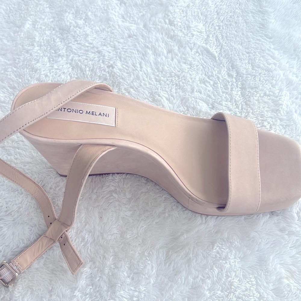 Antonio Melani Sz 9 Nude Beige Leather Open Toe High 4.5” High Heel Sandals NWT - Picture 13 of 16